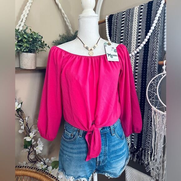 Show Me Your MuMu Hot Pink Knit Off Shoulder Front Tie Blouse - Picture 1 of 6